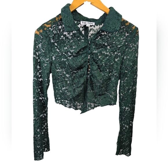 Green Ruffled Crop Blouse with Bib Collar - Picture 1 of 5